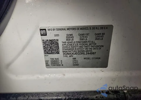 2024 Chevrolet Equinox Lt из США, поврежденный, VIN 3GNAXUEG3RL244987